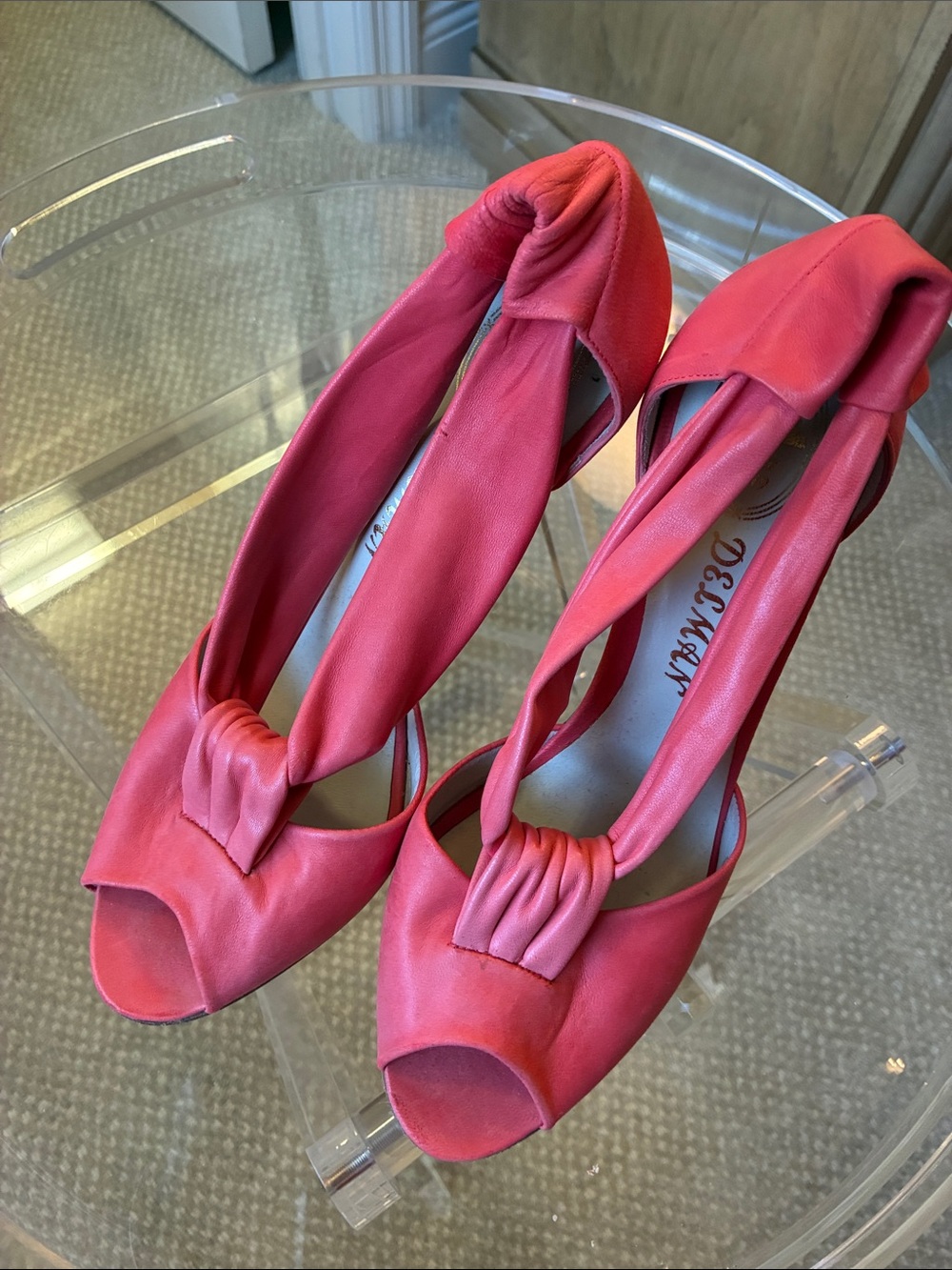Delman Coral Peep-Toe Knotted Slingback Heels